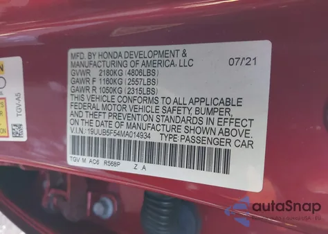 2021 Acura Tlx A-Spec Package из США, поврежденный, VIN 19UUB5F54MA014934